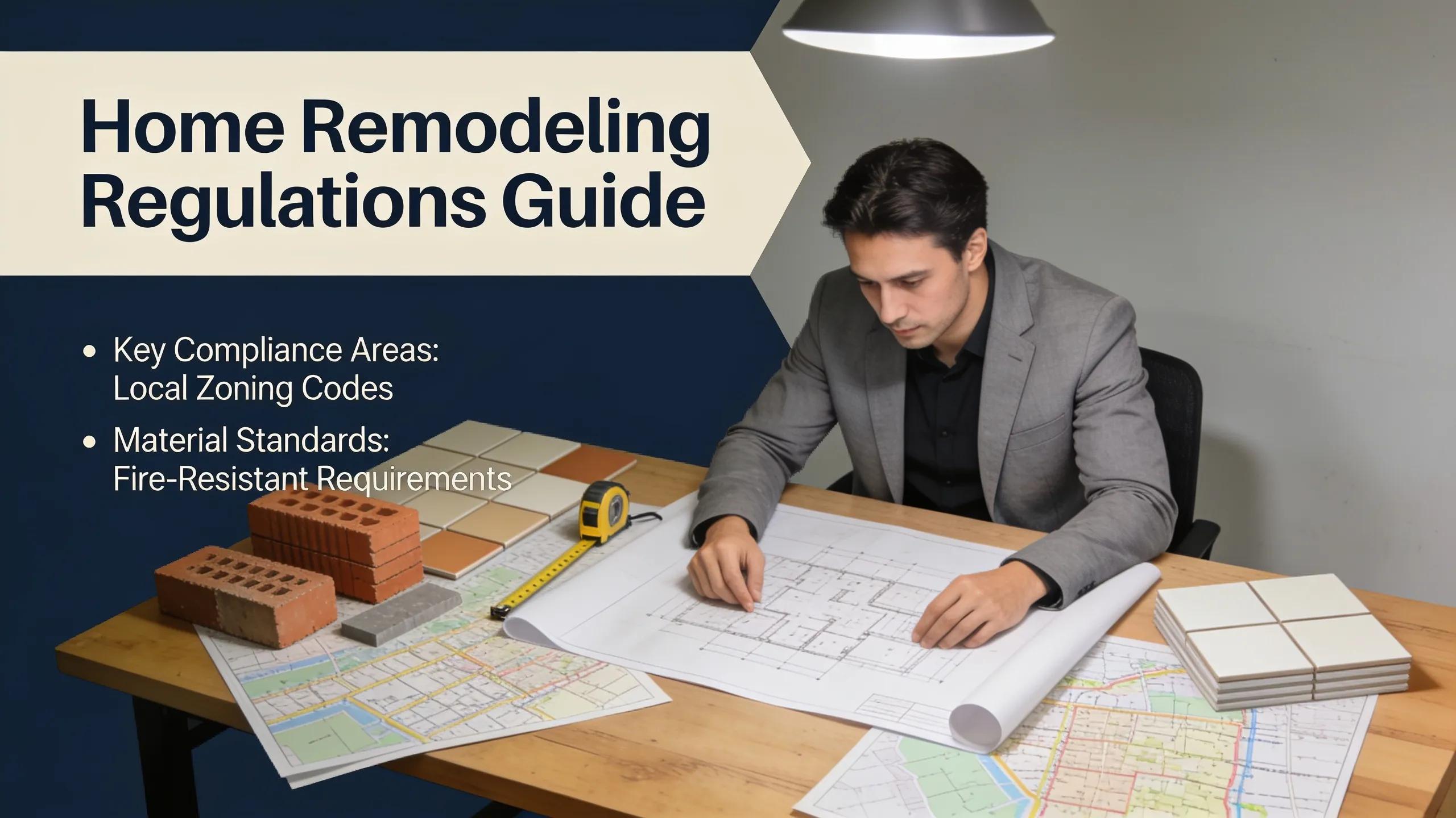 Contractor reviewing building plans and local zoning regulations for home remodeling