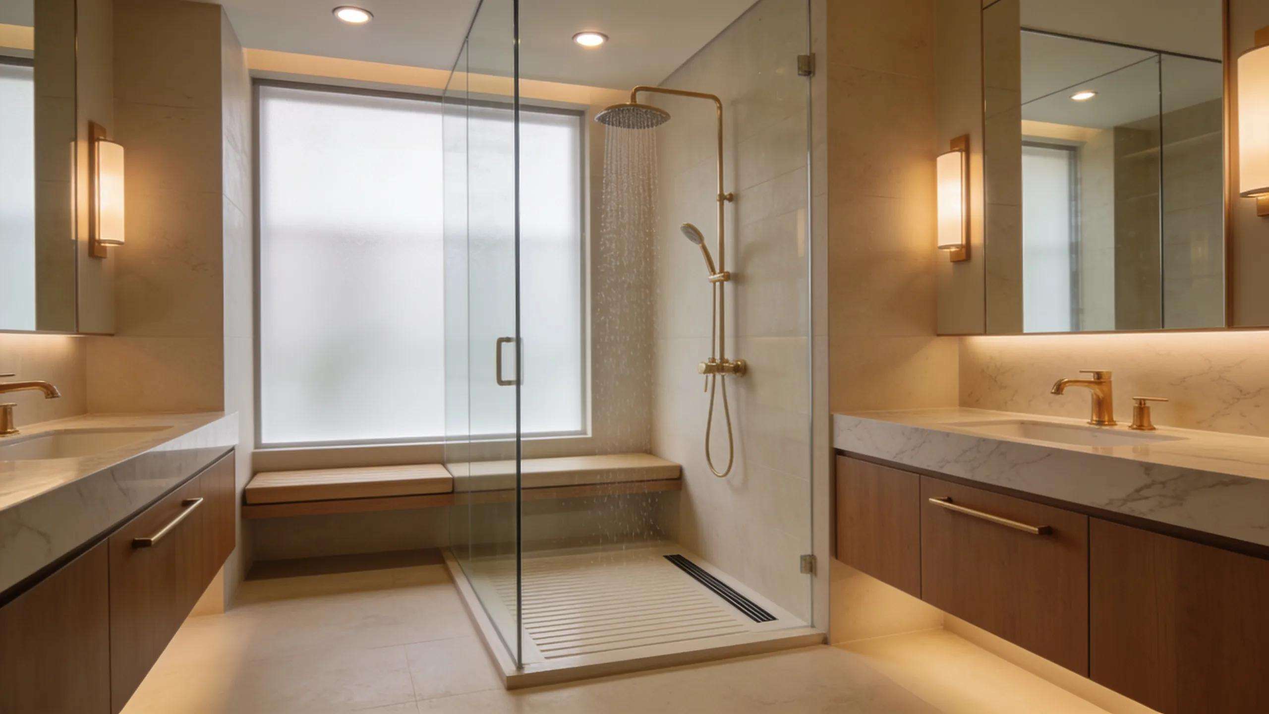 Custom spa bathroom featuring curbless walk-in shower and floating vanities