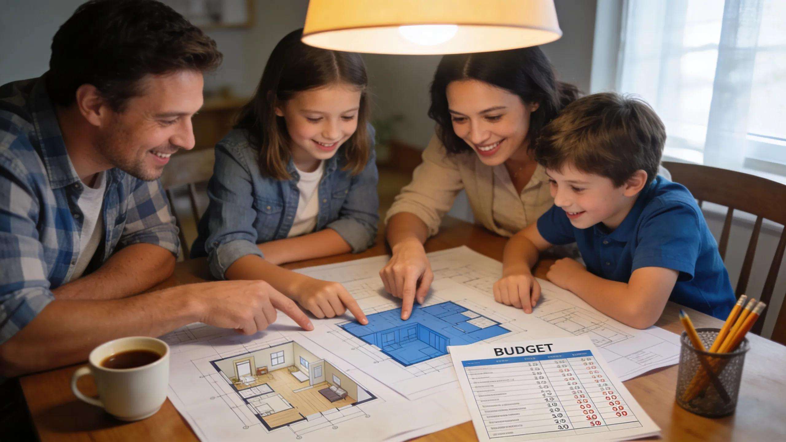 Family discussing home remodeling budget plans with blueprints, emphasizing collaboration and thoughtful planning
