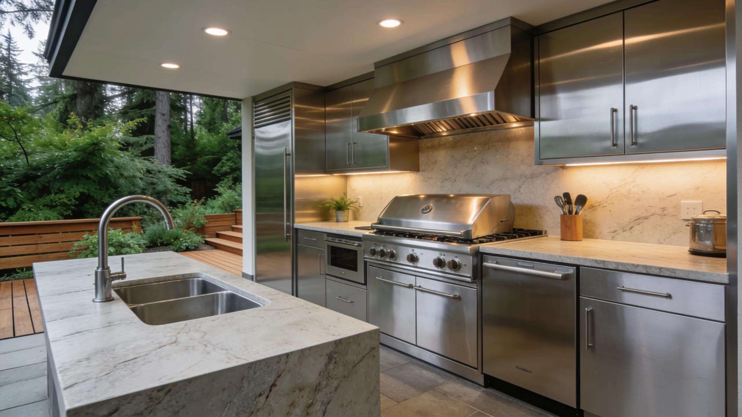 Luxury outdoor kitchen featuring stainless steel cabinetry in a stunning outdoor setting