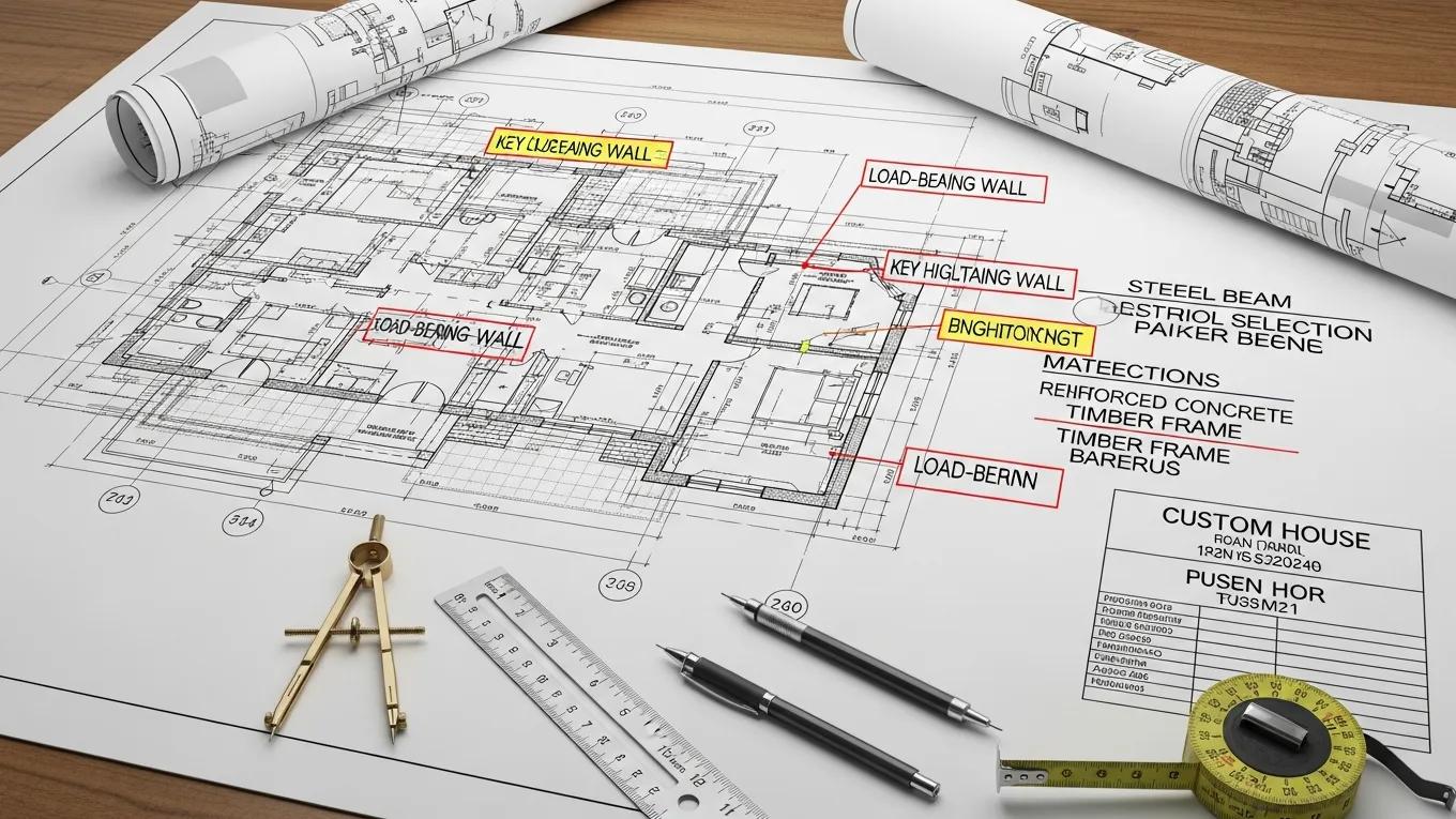 Blueprint of a custom home highlighting structural engineering principles for stability and safety