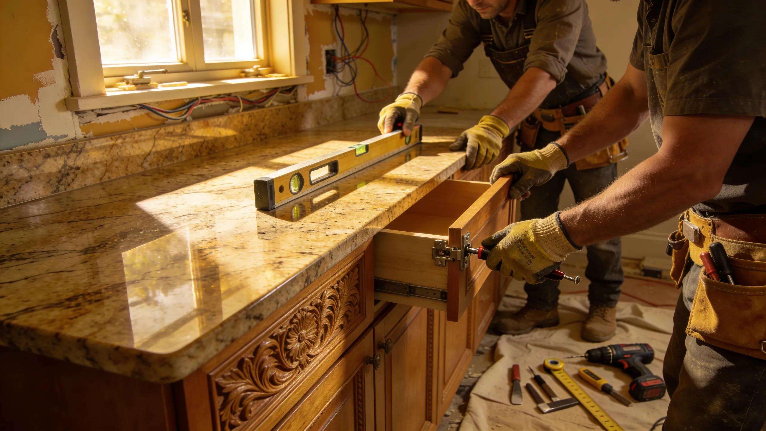 Craftsmen installing a granite countertop in a kitchen remodel, emphasizing premium construction quality