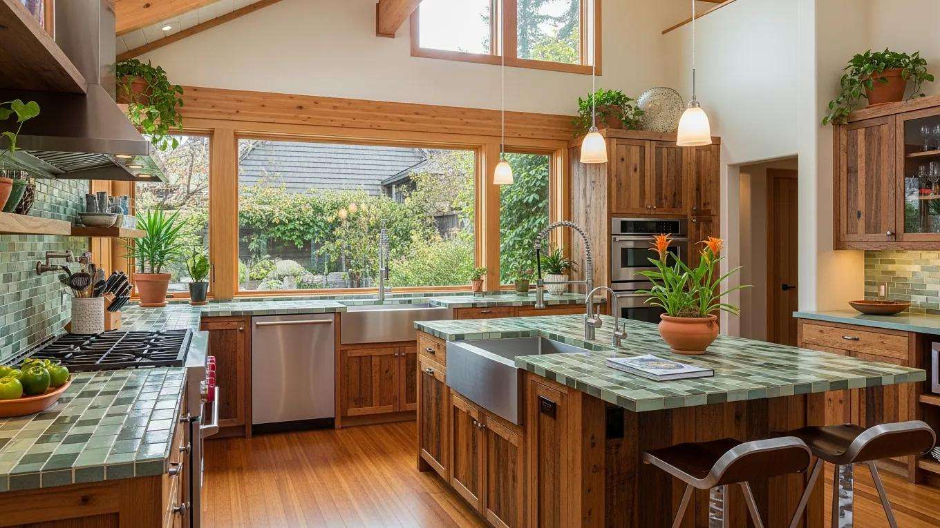 Custom kitchen design showcasing eco-friendly materials and open-concept layout