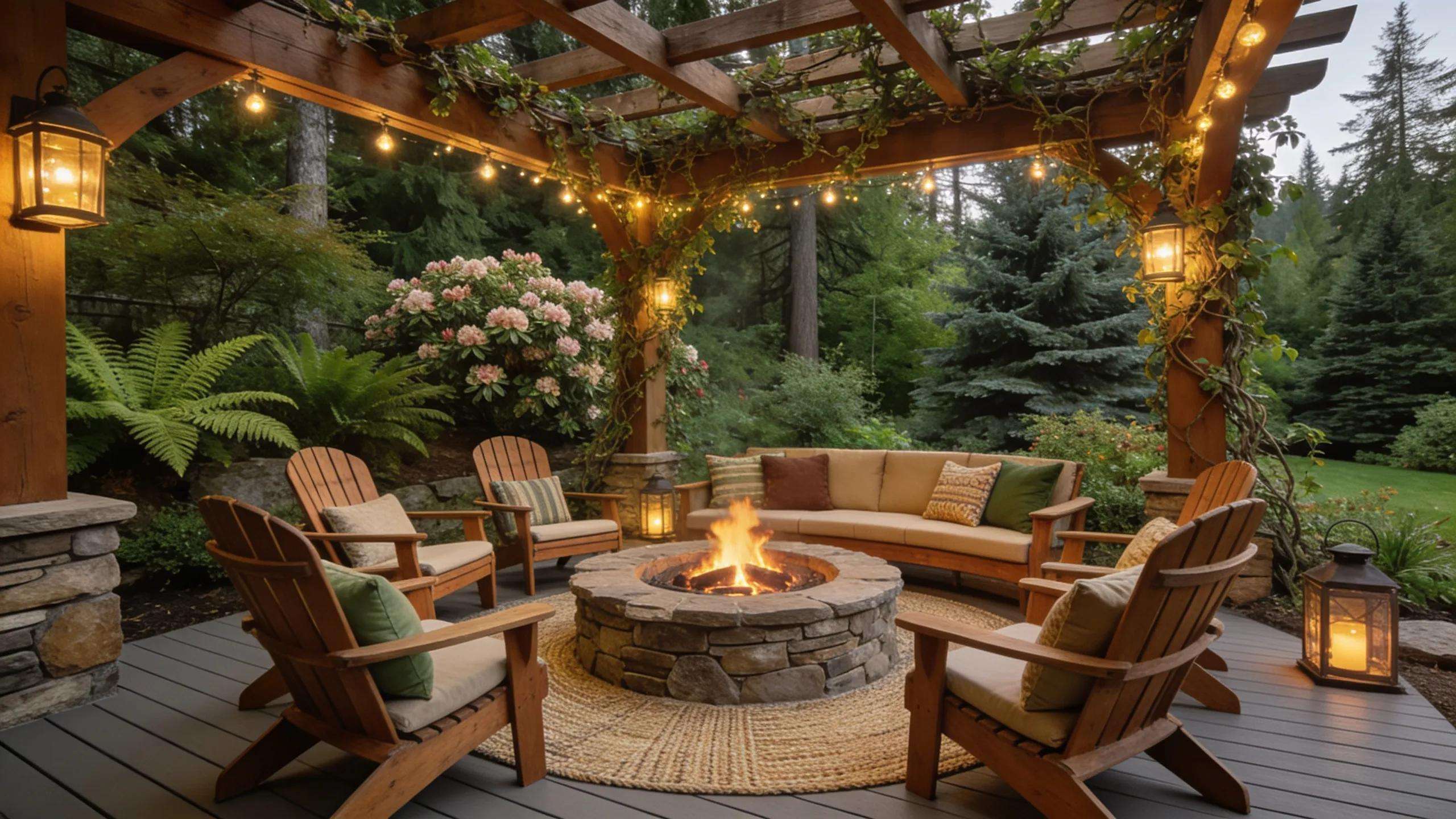 Cozy covered patio with stone fire pit and seating for year-round enjoyment