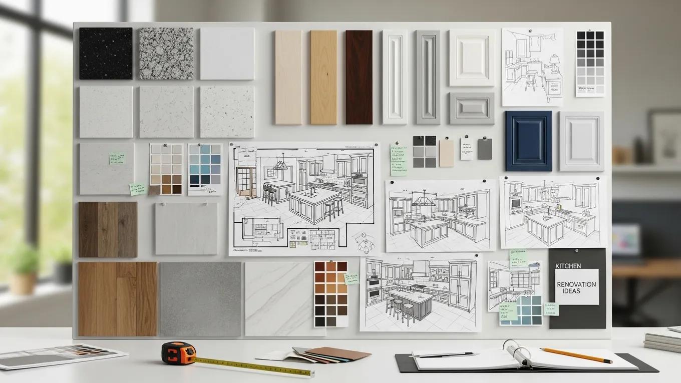 Design board showcasing materials and layout options for kitchen remodeling