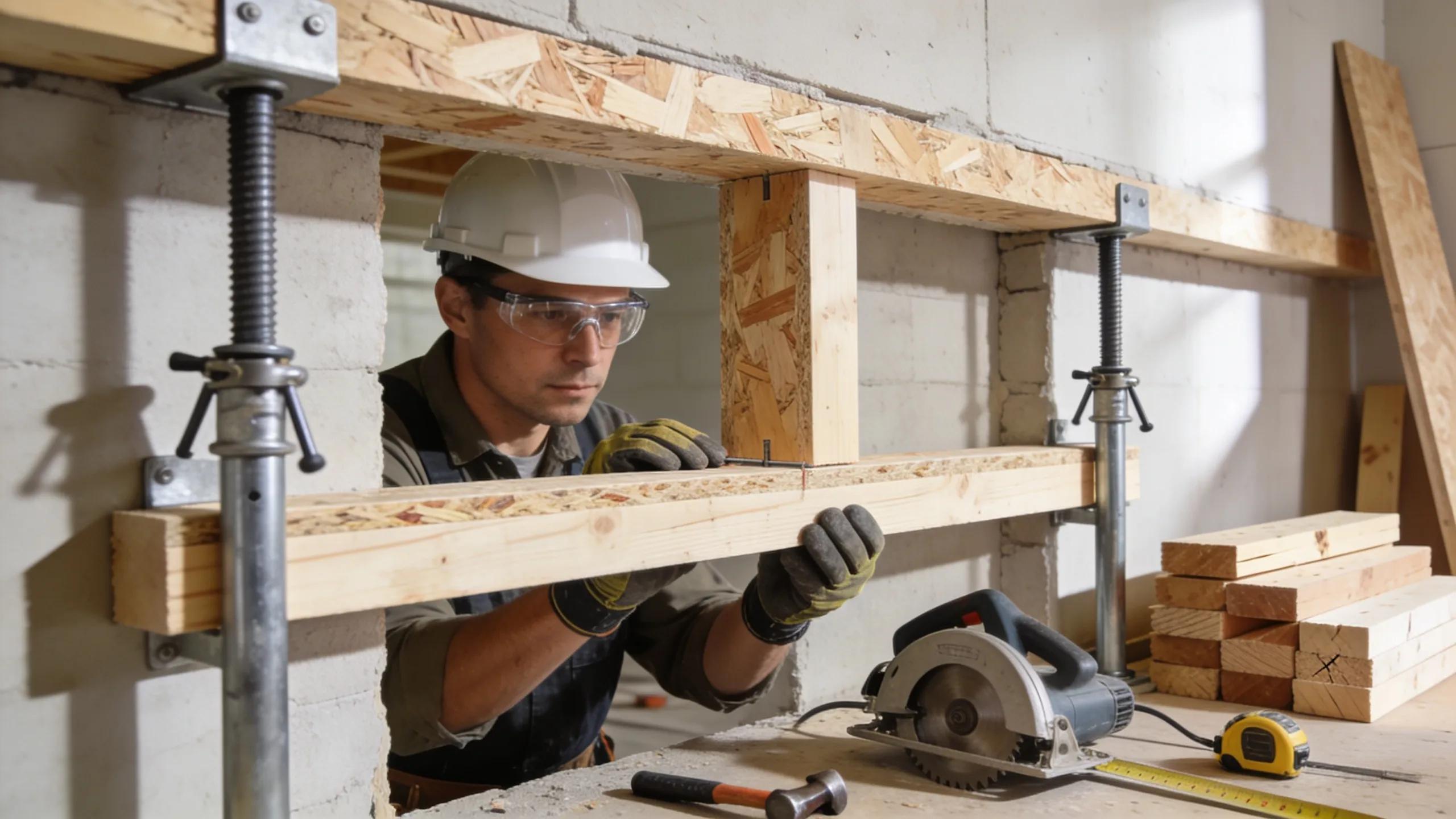 Licensed contractor executing safe removal and replacement of a load-bearing wall with Glulam beams