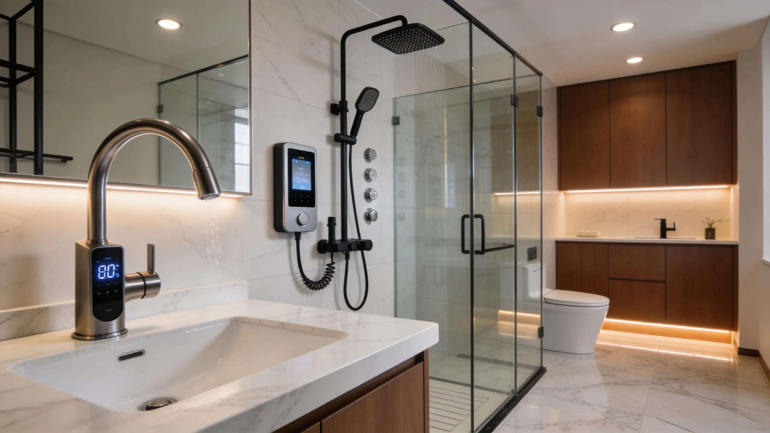 Modern bathroom with smart technology integration showcasing touchless fixtures and elegant design elements