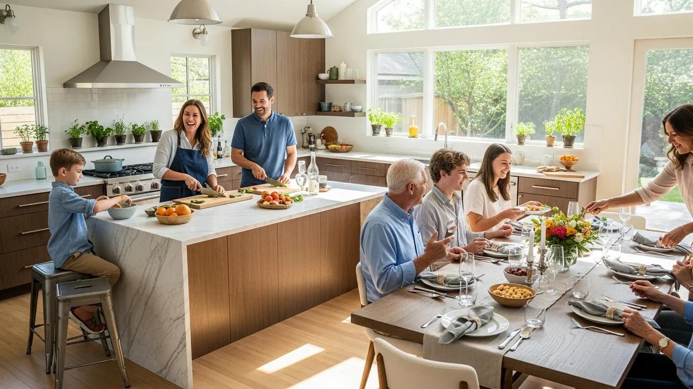 Family enjoying time together in an open-concept kitchen and dining area