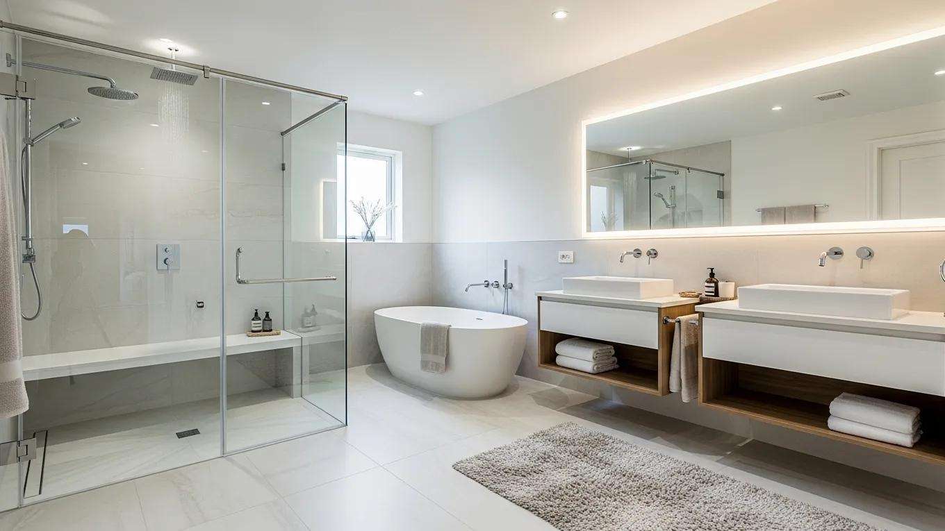 Luxurious bathroom with steam shower and modern fixtures