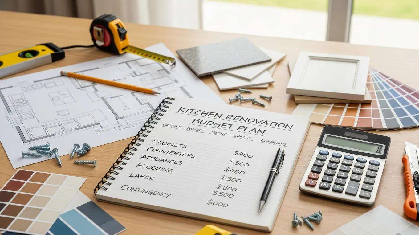 Workspace with tools and materials for kitchen renovation budgeting